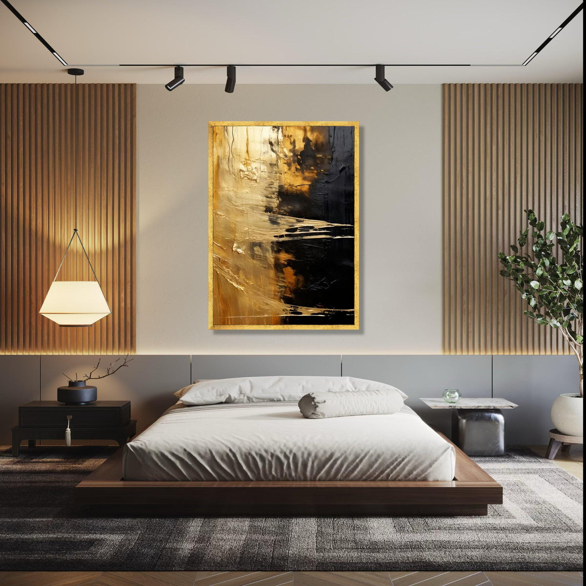 Golden Abstract Canvas, Modern Black and Gold Wall Art, Metallic Effect Canvas Decoration, Contemporary Art for Gift Art, Home Decor, Print