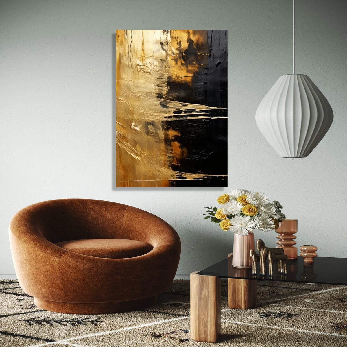 Golden Abstract Canvas, Modern Black and Gold Wall Art, Metallic Effect Canvas Decoration, Contemporary Art for Gift Art, Home Decor, Print
