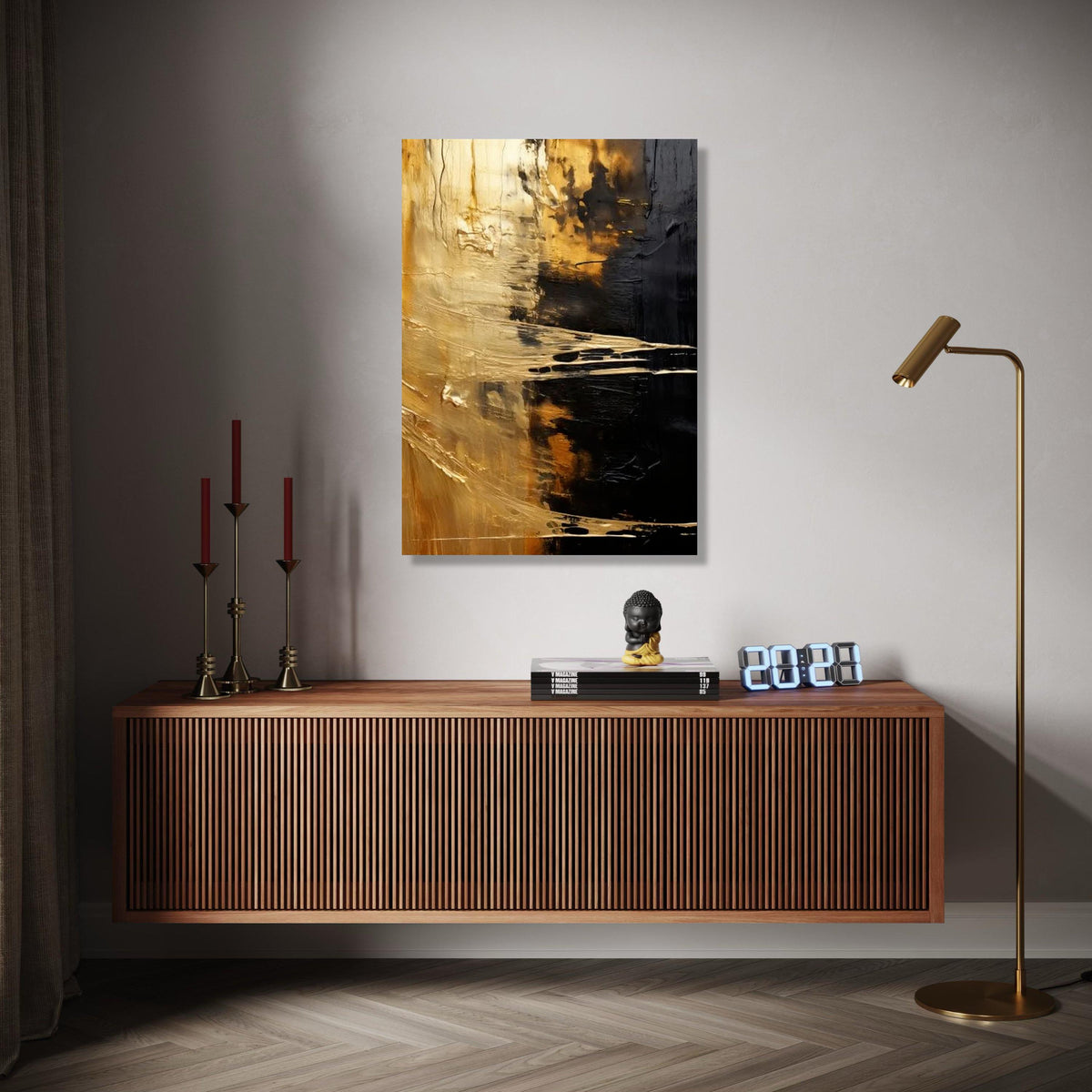 Golden Abstract Canvas, Modern Black and Gold Wall Art, Metallic Effect Canvas Decoration, Contemporary Art for Gift Art, Home Decor, Print