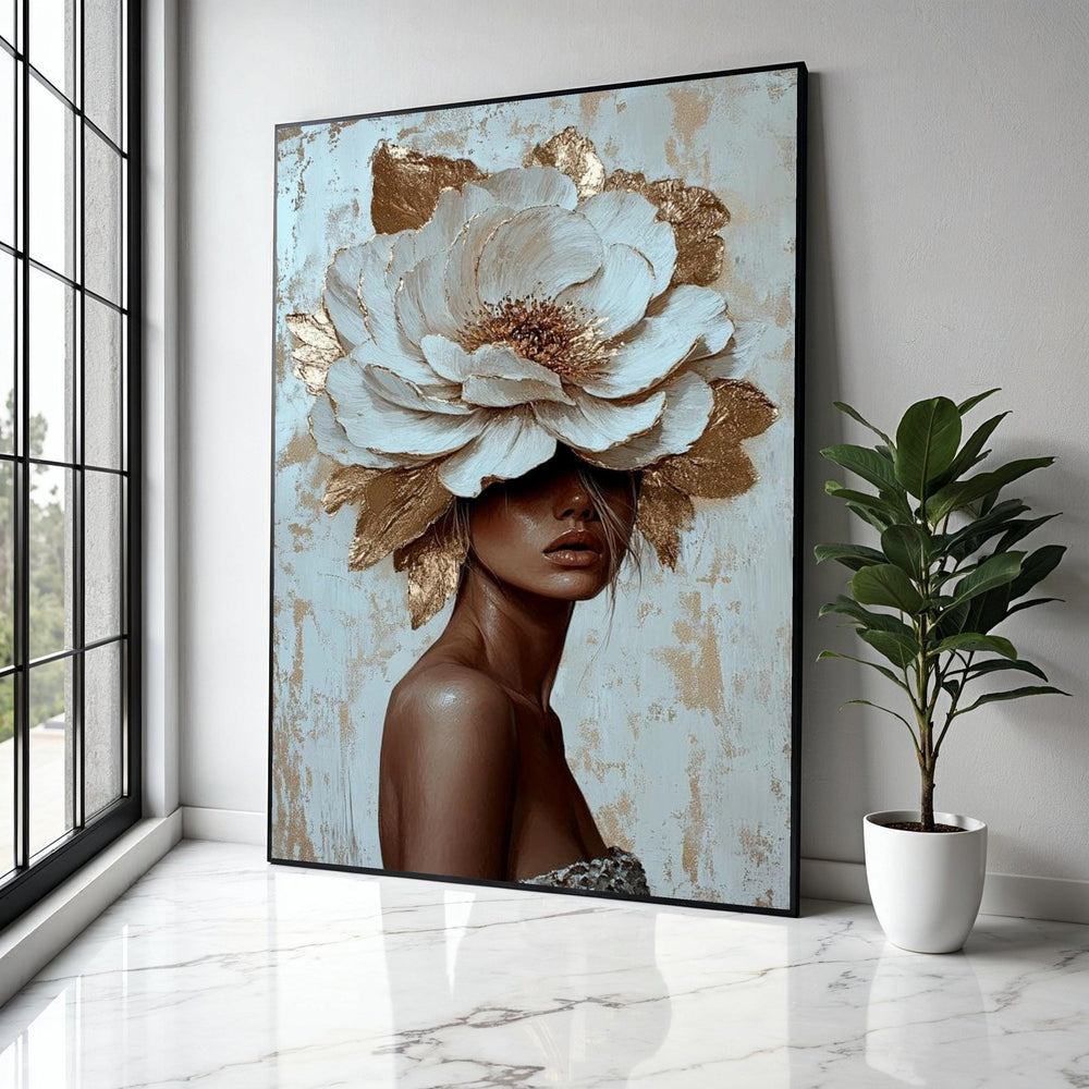 Elegant Woman Portrait Canvas, Large Floral Hat Wall Art, Gold Accent Canvas, Modern Artistic Home Decor, Gift Art, Home Decor, Print