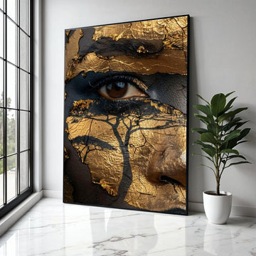 Abstract African Map Face Canvas Wall Art, Gold and Black Face Paint, Tribal Art Decor, Ethnic Canvas Portrait, Gift Art, Home Decor, Print