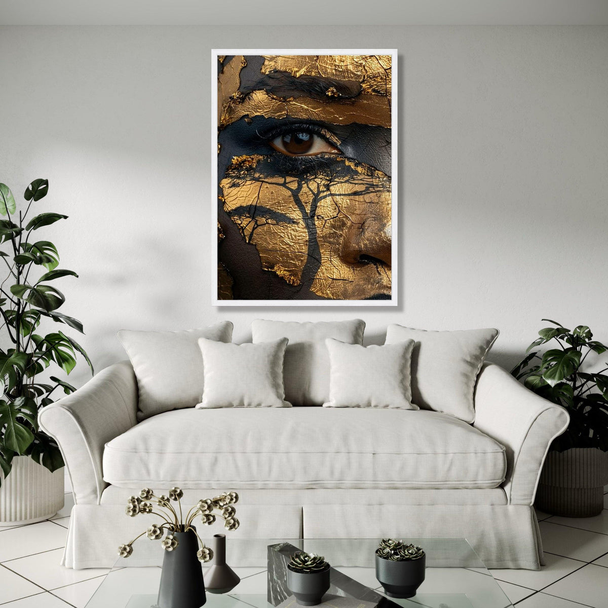 Abstract African Map Face Canvas Wall Art, Gold and Black Face Paint, Tribal Art Decor, Ethnic Canvas Portrait, Gift Art, Home Decor, Print