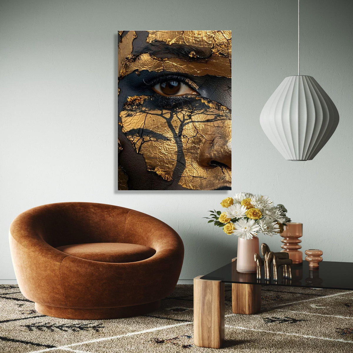 Abstract African Map Face Canvas Wall Art, Gold and Black Face Paint, Tribal Art Decor, Ethnic Canvas Portrait, Gift Art, Home Decor, Print