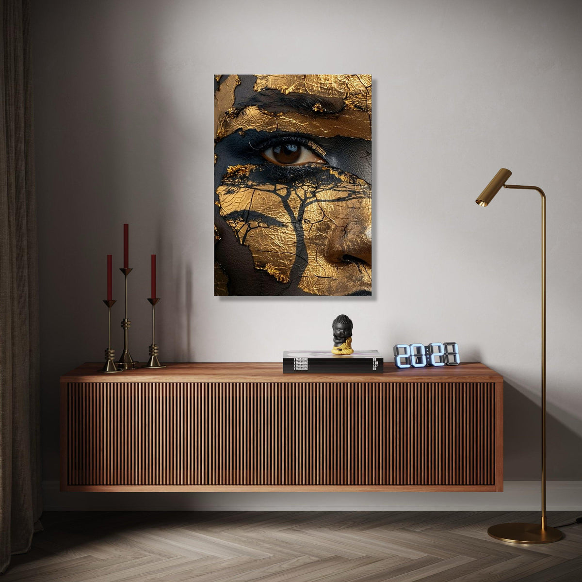 Abstract African Map Face Canvas Wall Art, Gold and Black Face Paint, Tribal Art Decor, Ethnic Canvas Portrait, Gift Art, Home Decor, Print
