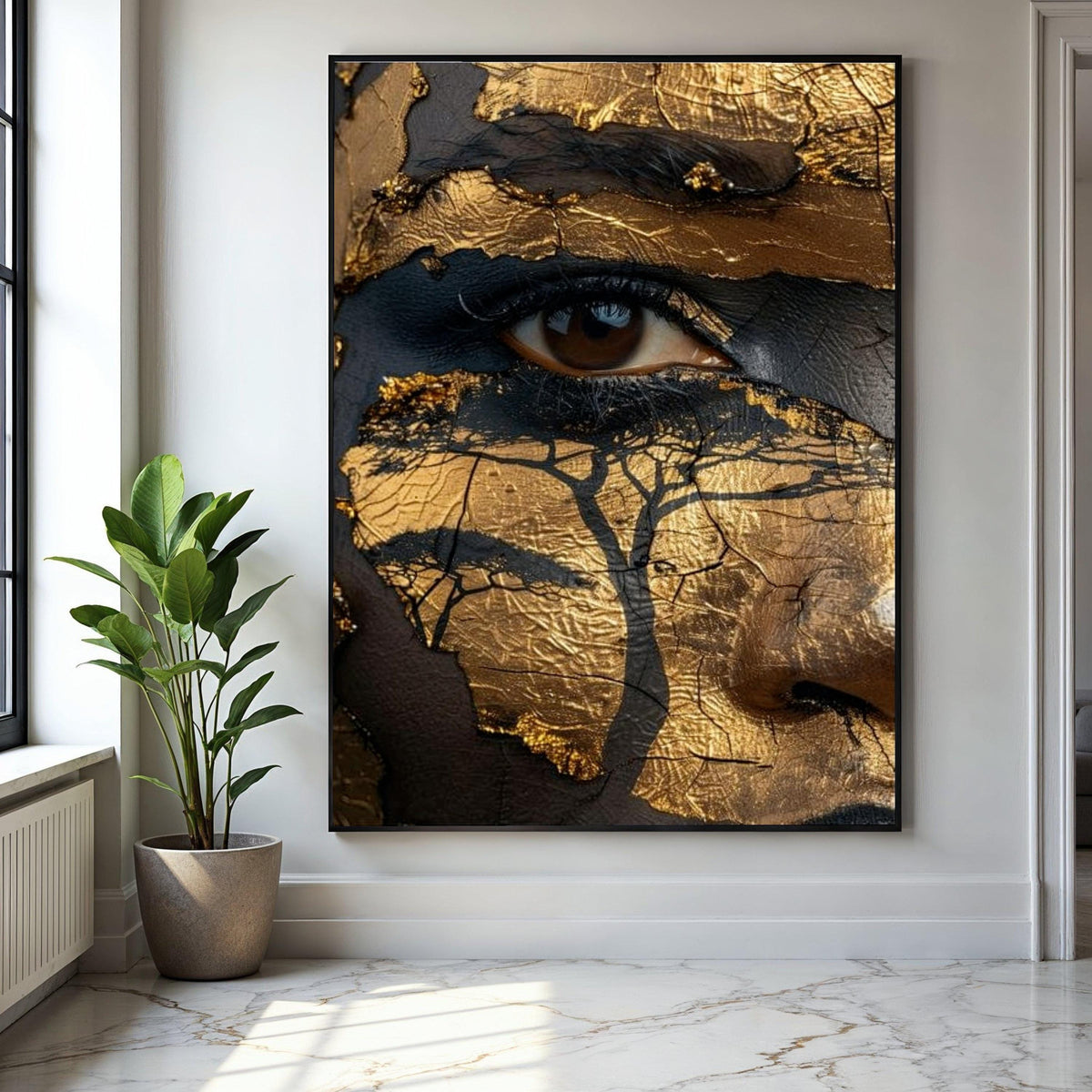 Abstract African Map Face Canvas Wall Art, Gold and Black Face Paint, Tribal Art Decor, Ethnic Canvas Portrait, Gift Art, Home Decor, Print
