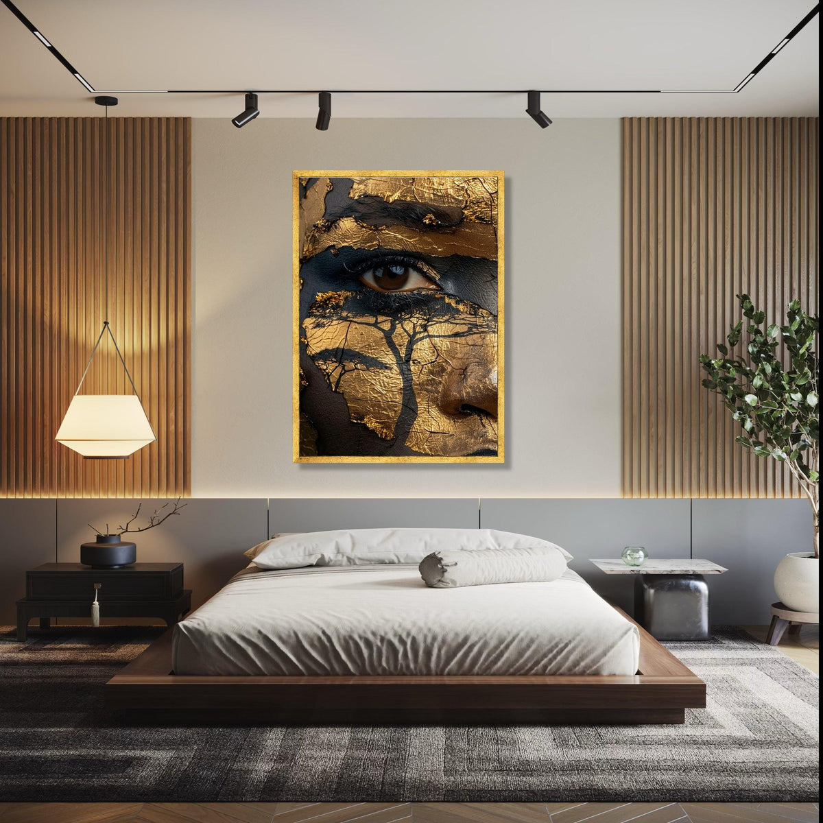 Abstract African Map Face Canvas Wall Art, Gold and Black Face Paint, Tribal Art Decor, Ethnic Canvas Portrait, Gift Art, Home Decor, Print
