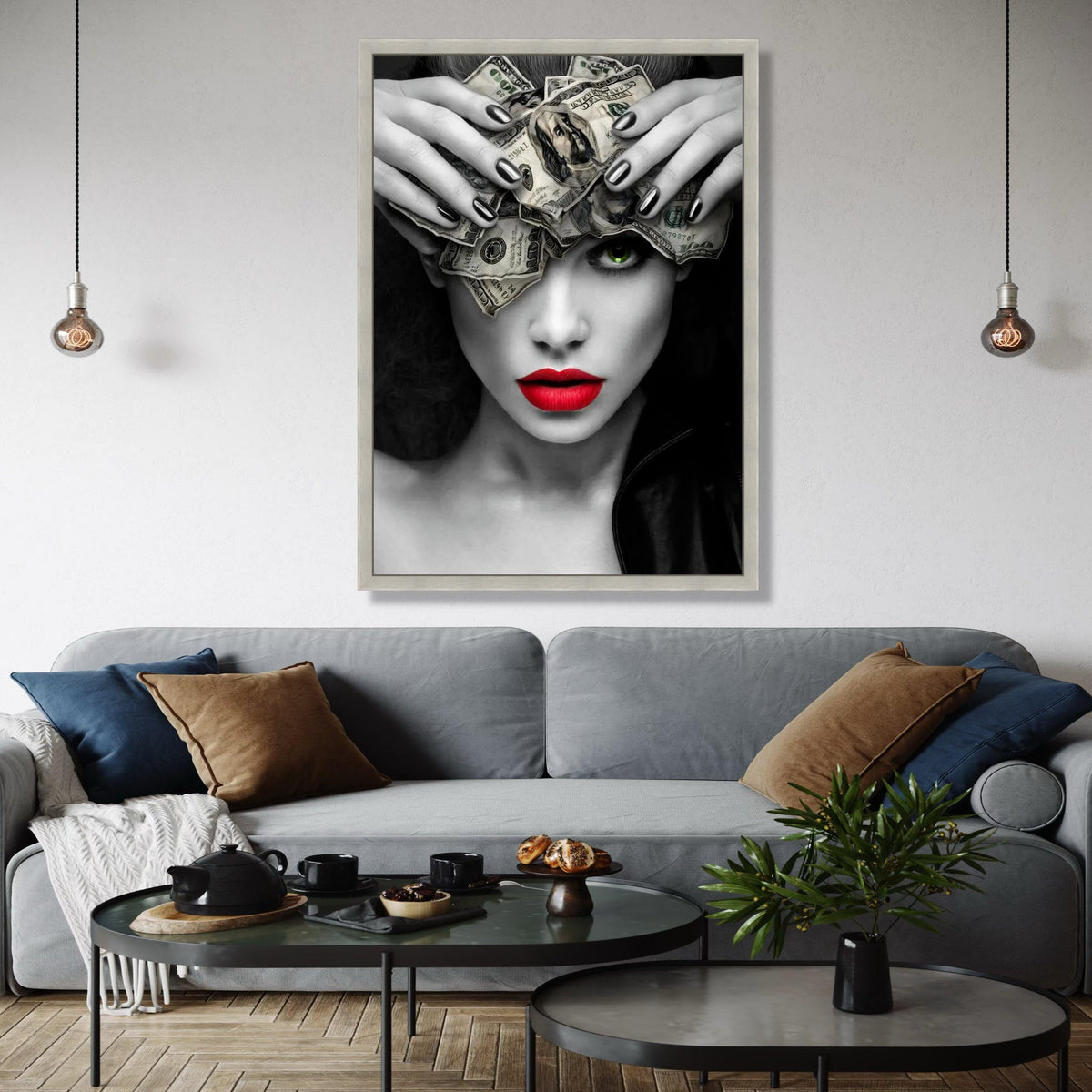 Bold Woman with Money Headpiece Canvas, Modern Pop Art Wall Decor, Red Lips and Green Eye Portrait, Black and Gift Art, Home Decor, Print