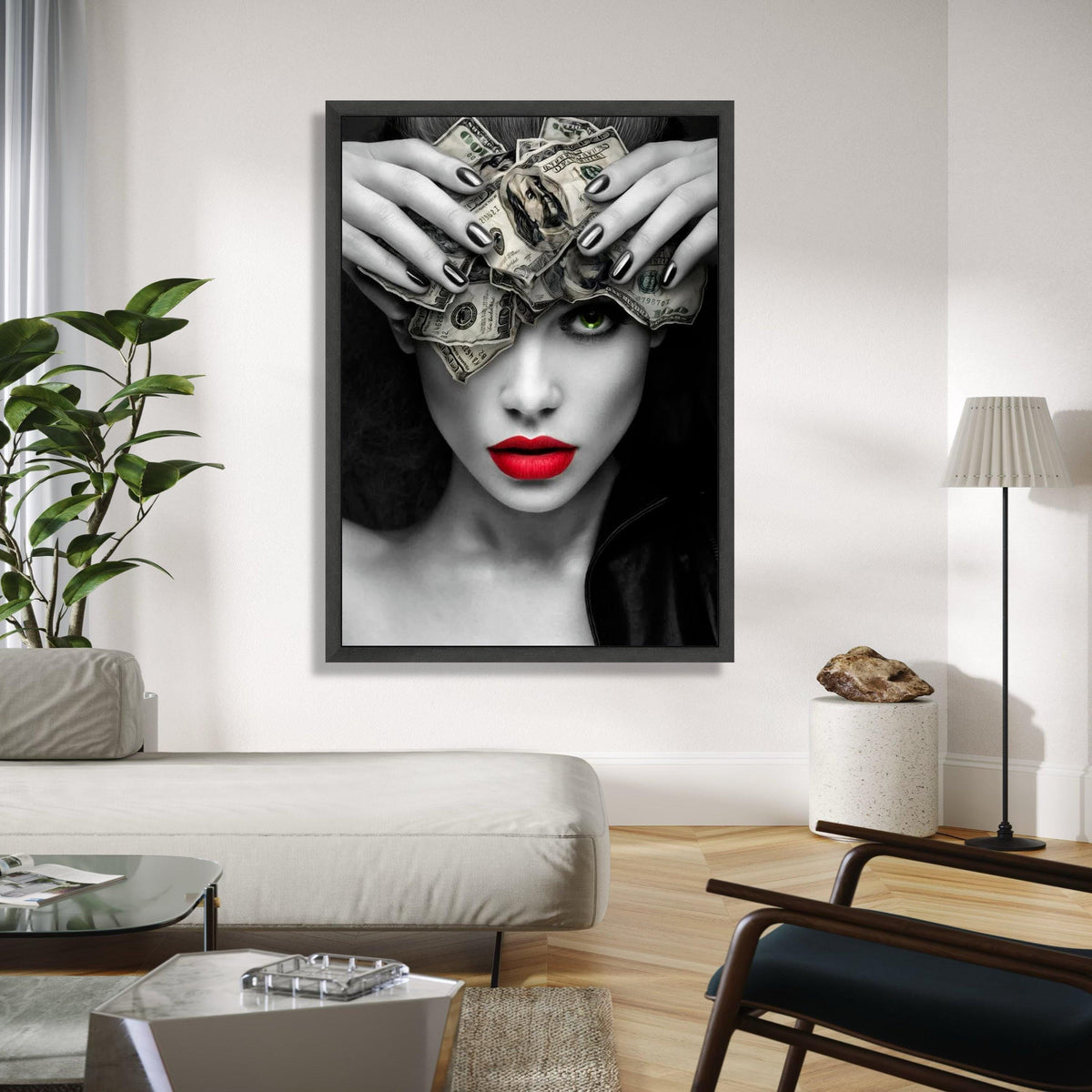 Bold Woman with Money Headpiece Canvas, Modern Pop Art Wall Decor, Red Lips and Green Eye Portrait, Black and Gift Art, Home Decor, Print