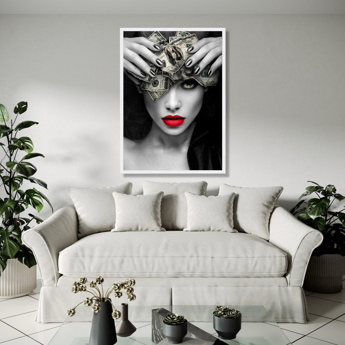 Bold Woman with Money Headpiece Canvas, Modern Pop Art Wall Decor, Red Lips and Green Eye Portrait, Black and Gift Art, Home Decor, Print