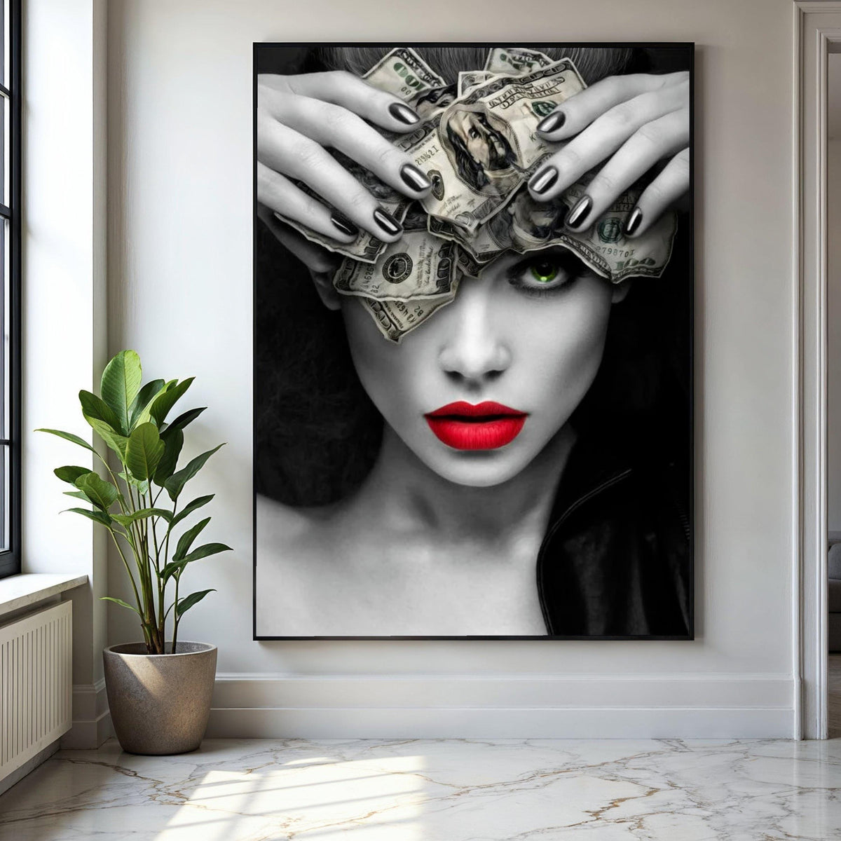 Bold Woman with Money Headpiece Canvas, Modern Pop Art Wall Decor, Red Lips and Green Eye Portrait, Black and Gift Art, Home Decor, Print