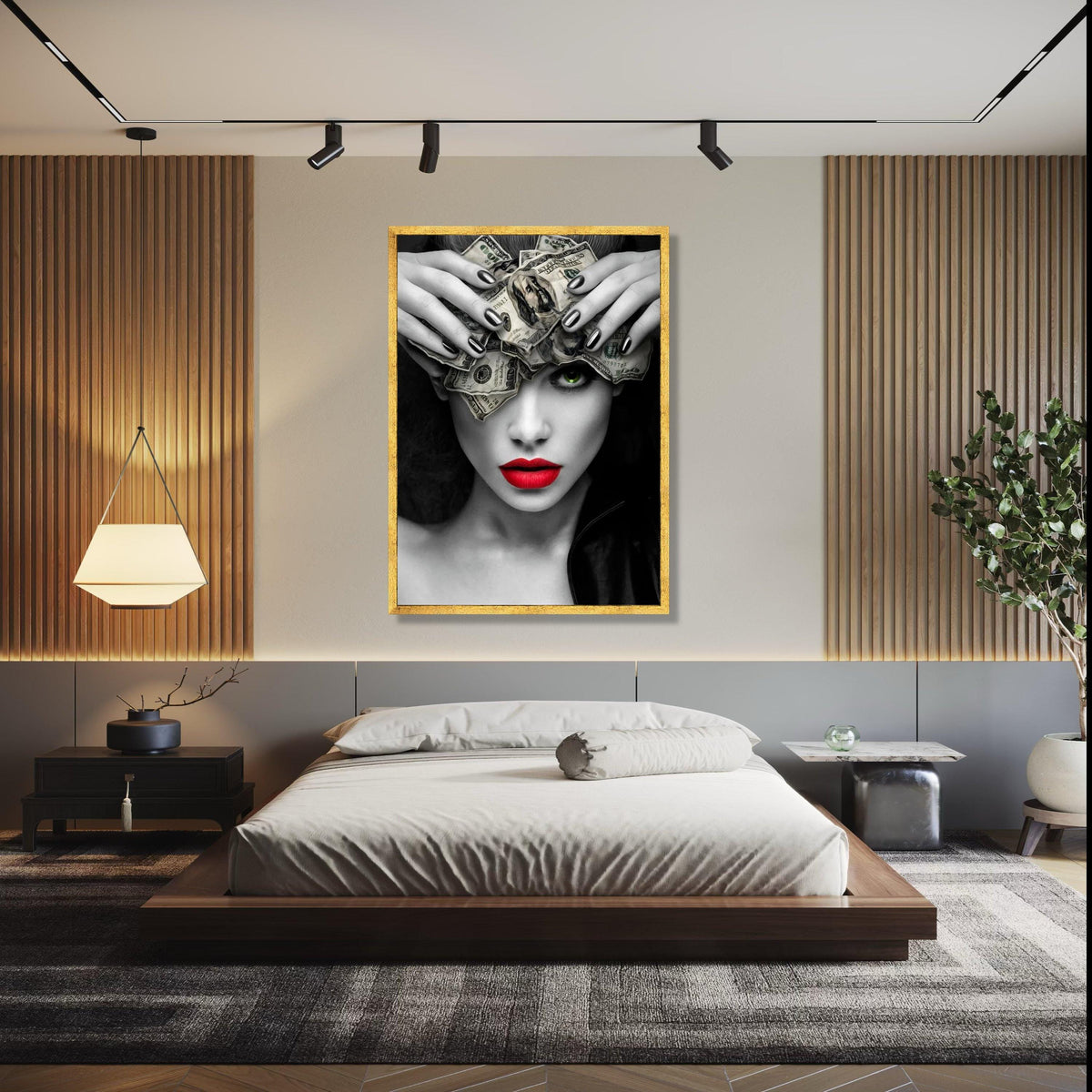 Bold Woman with Money Headpiece Canvas, Modern Pop Art Wall Decor, Red Lips and Green Eye Portrait, Black and Gift Art, Home Decor, Print