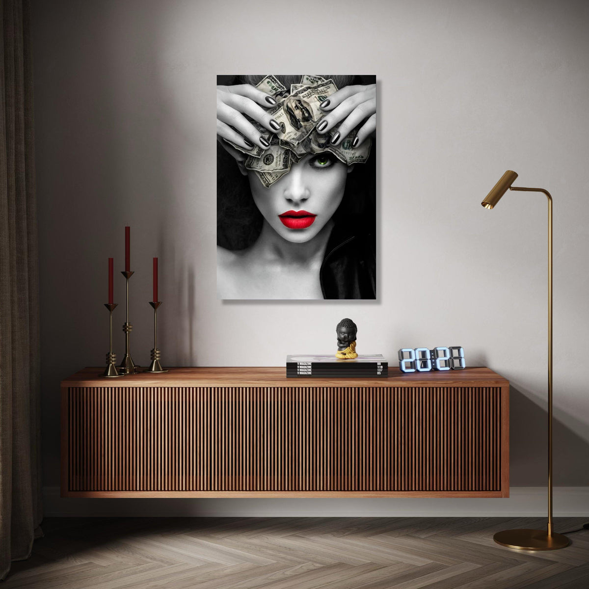 Bold Woman with Money Headpiece Canvas, Modern Pop Art Wall Decor, Red Lips and Green Eye Portrait, Black and Gift Art, Home Decor, Print