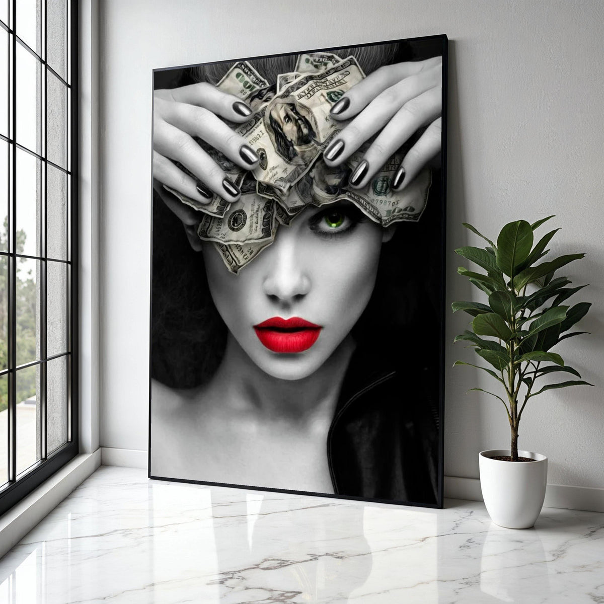 Bold Woman with Money Headpiece Canvas, Modern Pop Art Wall Decor, Red Lips and Green Eye Portrait, Black and Gift Art, Home Decor, Print
