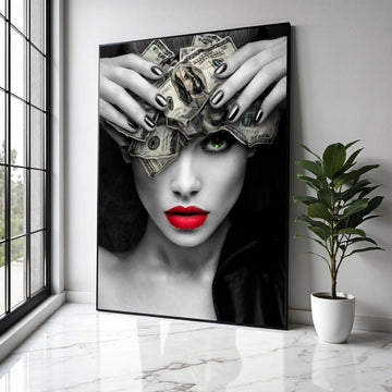 Bold Woman with Money Headpiece Canvas, Modern Pop Art Wall Decor, Red Lips and Green Eye Portrait, Black and Gift Art, Home Decor, Print