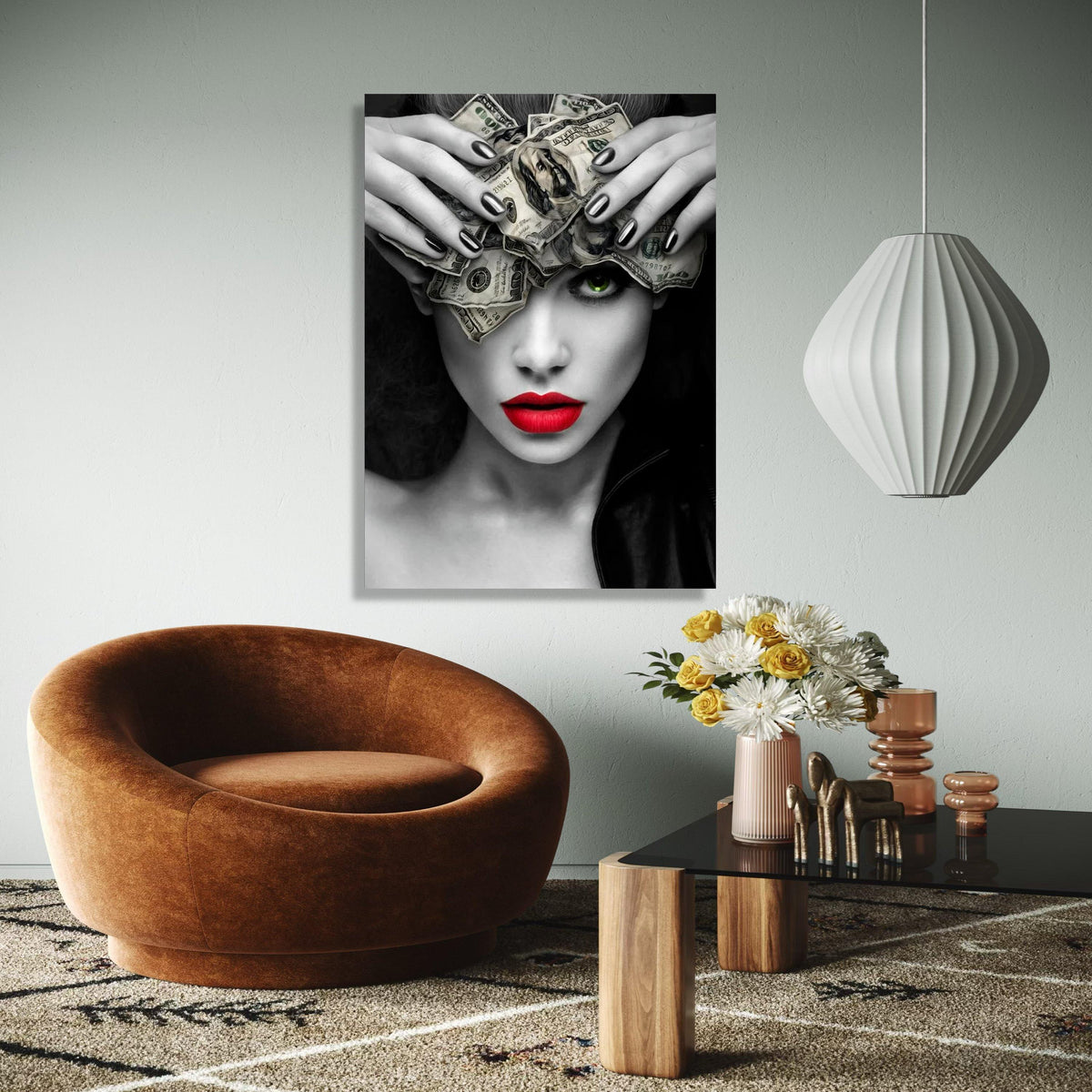 Bold Woman with Money Headpiece Canvas, Modern Pop Art Wall Decor, Red Lips and Green Eye Portrait, Black and Gift Art, Home Decor, Print