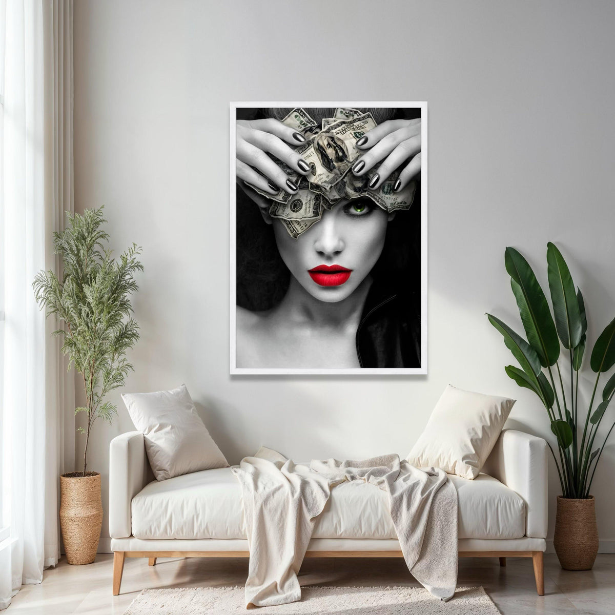 Bold Woman with Money Headpiece Canvas, Modern Pop Art Wall Decor, Red Lips and Green Eye Portrait, Black and Gift Art, Home Decor, Print