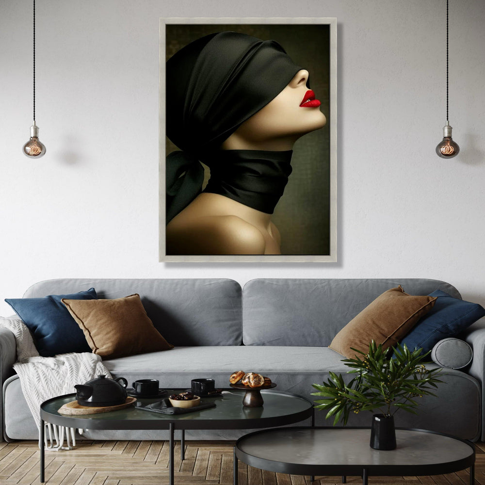 Elegant Woman Profile Canvas, Red Lips and Black Silk Blindfold, Modern Fashion Wall Art, Chic Portrait Canvas, Gift Art, Home Decor, Print