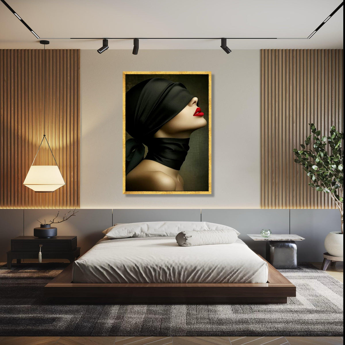 Elegant Woman Profile Canvas, Red Lips and Black Silk Blindfold, Modern Fashion Wall Art, Chic Portrait Canvas, Gift Art, Home Decor, Print