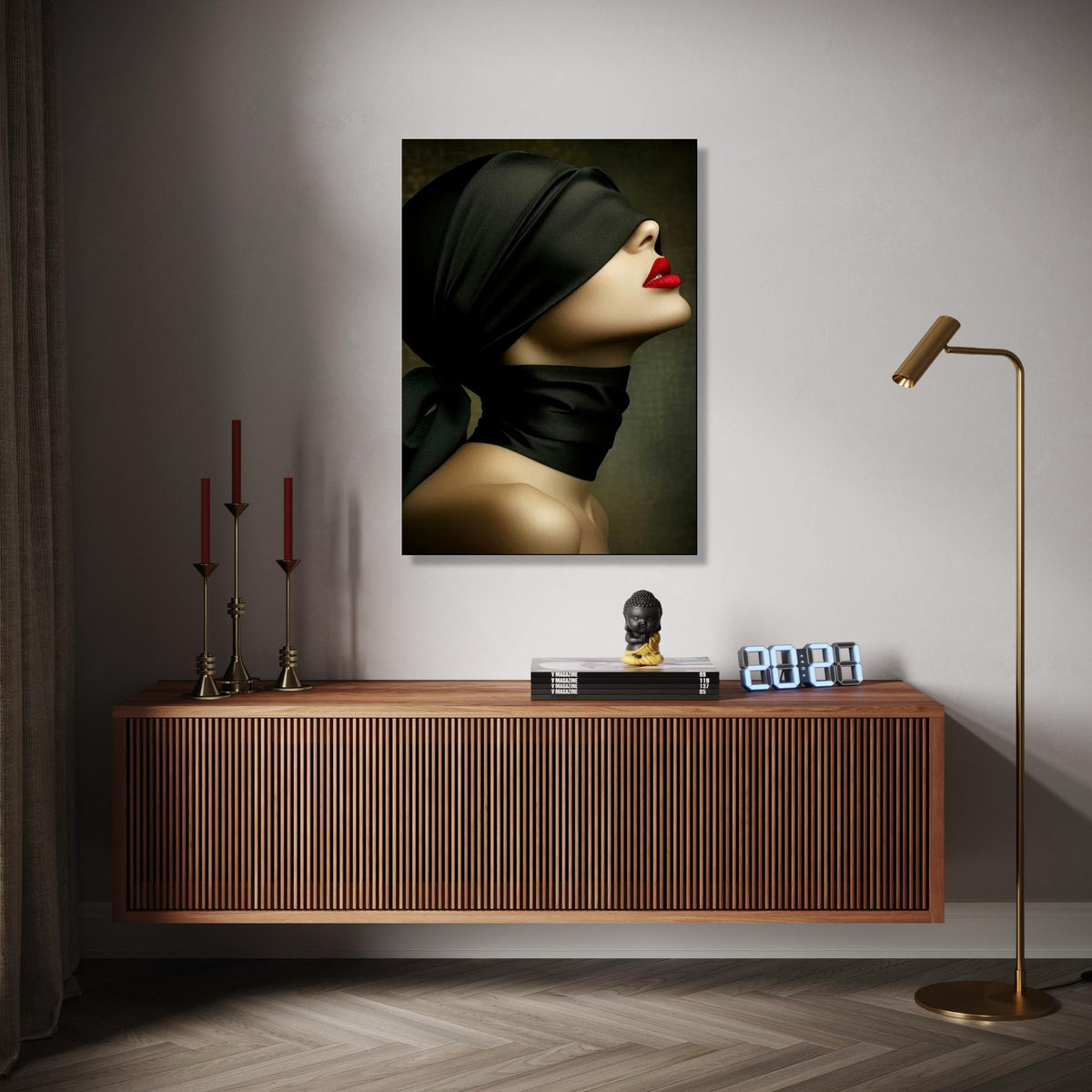 Elegant Woman Profile Canvas, Red Lips and Black Silk Blindfold, Modern Fashion Wall Art, Chic Portrait Canvas, Gift Art, Home Decor, Print