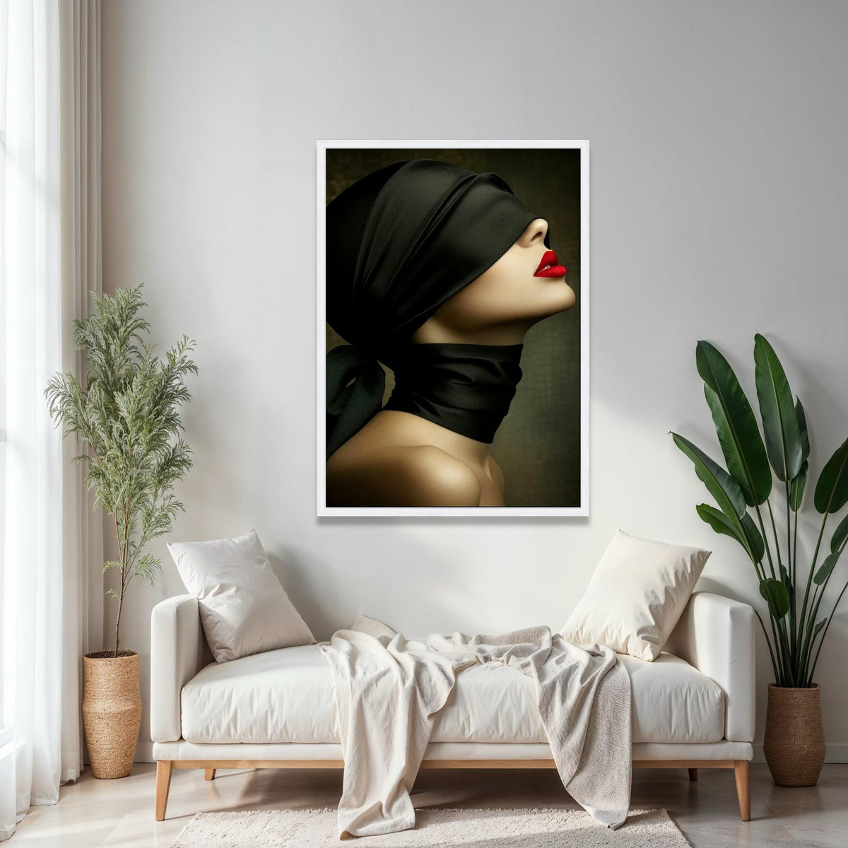 Elegant Woman Profile Canvas, Red Lips and Black Silk Blindfold, Modern Fashion Wall Art, Chic Portrait Canvas, Gift Art, Home Decor, Print