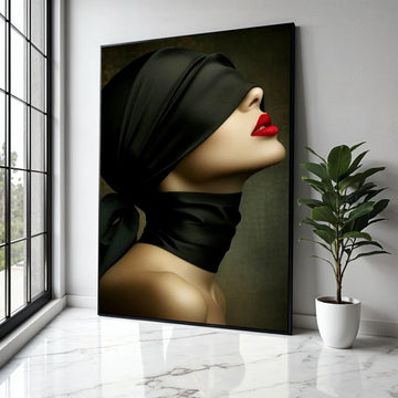 Elegant Woman Profile Canvas, Red Lips and Black Silk Blindfold, Modern Fashion Wall Art, Chic Portrait Canvas, Gift Art, Home Decor, Print