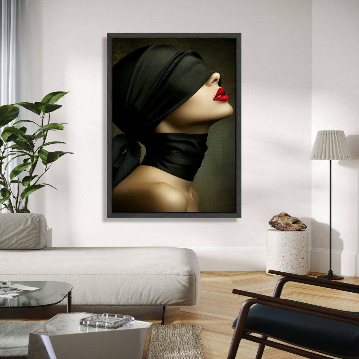 Elegant Woman Profile Canvas, Red Lips and Black Silk Blindfold, Modern Fashion Wall Art, Chic Portrait Canvas, Gift Art, Home Decor, Print