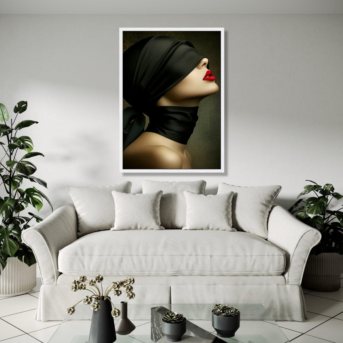 Elegant Woman Profile Canvas, Red Lips and Black Silk Blindfold, Modern Fashion Wall Art, Chic Portrait Canvas, Gift Art, Home Decor, Print
