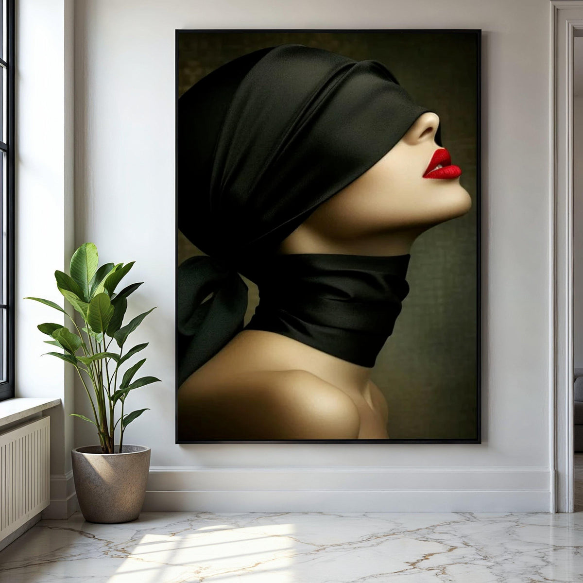 Elegant Woman Profile Canvas, Red Lips and Black Silk Blindfold, Modern Fashion Wall Art, Chic Portrait Canvas, Gift Art, Home Decor, Print
