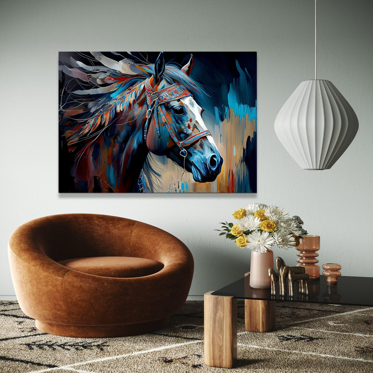Abstract Tribal Horse Canvas Wall Art, Colorful Painted Horse Portrait, Native American Style Canvas, Modern Gift Art, Home Decor, Print