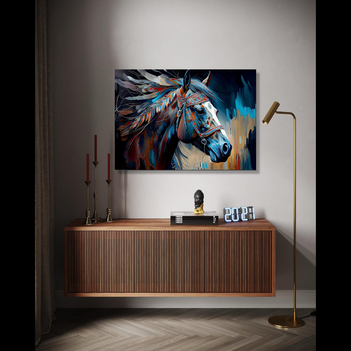 Abstract Tribal Horse Canvas Wall Art, Colorful Painted Horse Portrait, Native American Style Canvas, Modern Gift Art, Home Decor, Print