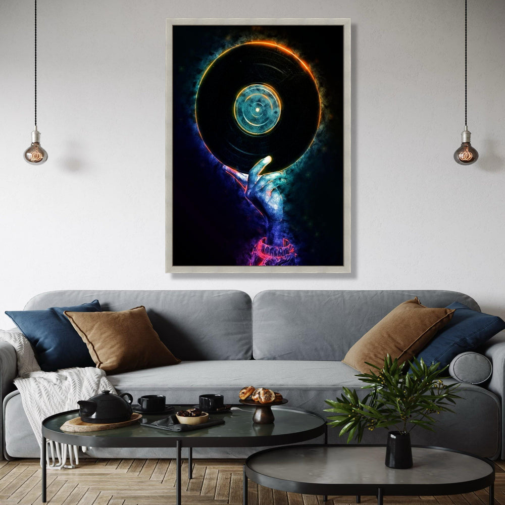 Neon DJ Hand Holding Vinyl Record Canvas, Music Party Wall Art, Retro Vinyl Decor, Modern DJ Artwork, Nightclub Gift Art, Home Decor, Print