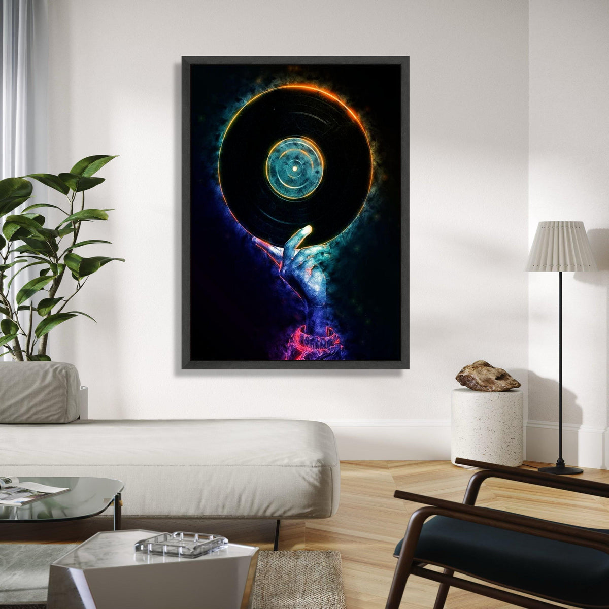 Neon DJ Hand Holding Vinyl Record Canvas, Music Party Wall Art, Retro Vinyl Decor, Modern DJ Artwork, Nightclub Gift Art, Home Decor, Print