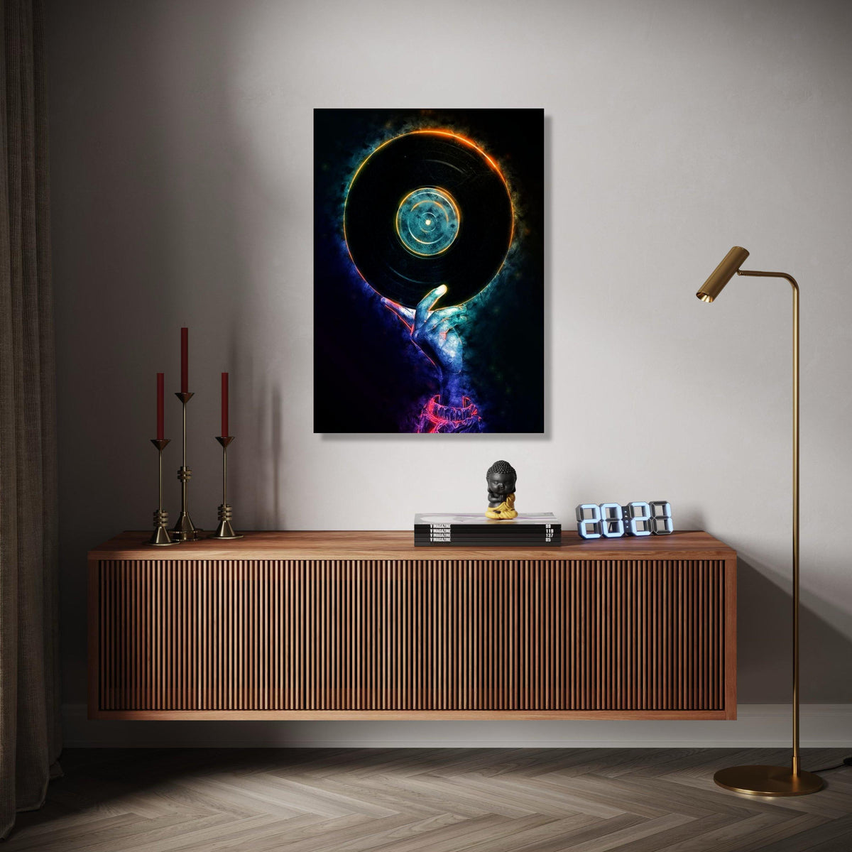 Neon DJ Hand Holding Vinyl Record Canvas, Music Party Wall Art, Retro Vinyl Decor, Modern DJ Artwork, Nightclub Gift Art, Home Decor, Print