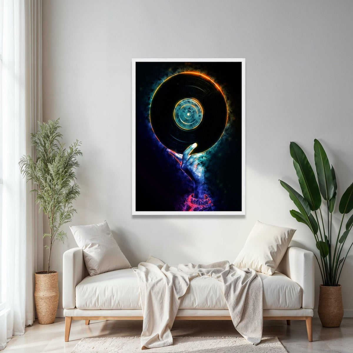 Neon DJ Hand Holding Vinyl Record Canvas, Music Party Wall Art, Retro Vinyl Decor, Modern DJ Artwork, Nightclub Gift Art, Home Decor, Print