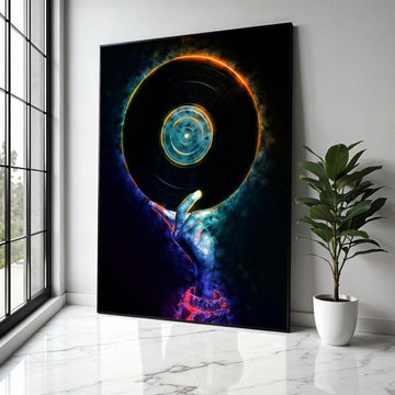 Neon DJ Hand Holding Vinyl Record Canvas, Music Party Wall Art, Retro Vinyl Decor, Modern DJ Artwork, Nightclub Gift Art, Home Decor, Print