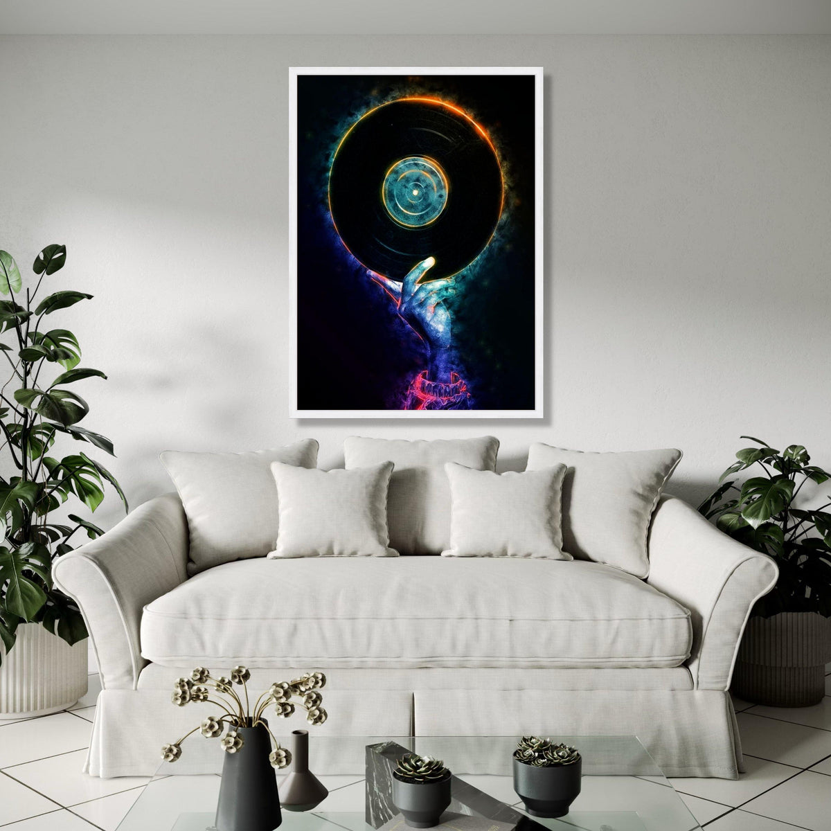 Neon DJ Hand Holding Vinyl Record Canvas, Music Party Wall Art, Retro Vinyl Decor, Modern DJ Artwork, Nightclub Gift Art, Home Decor, Print