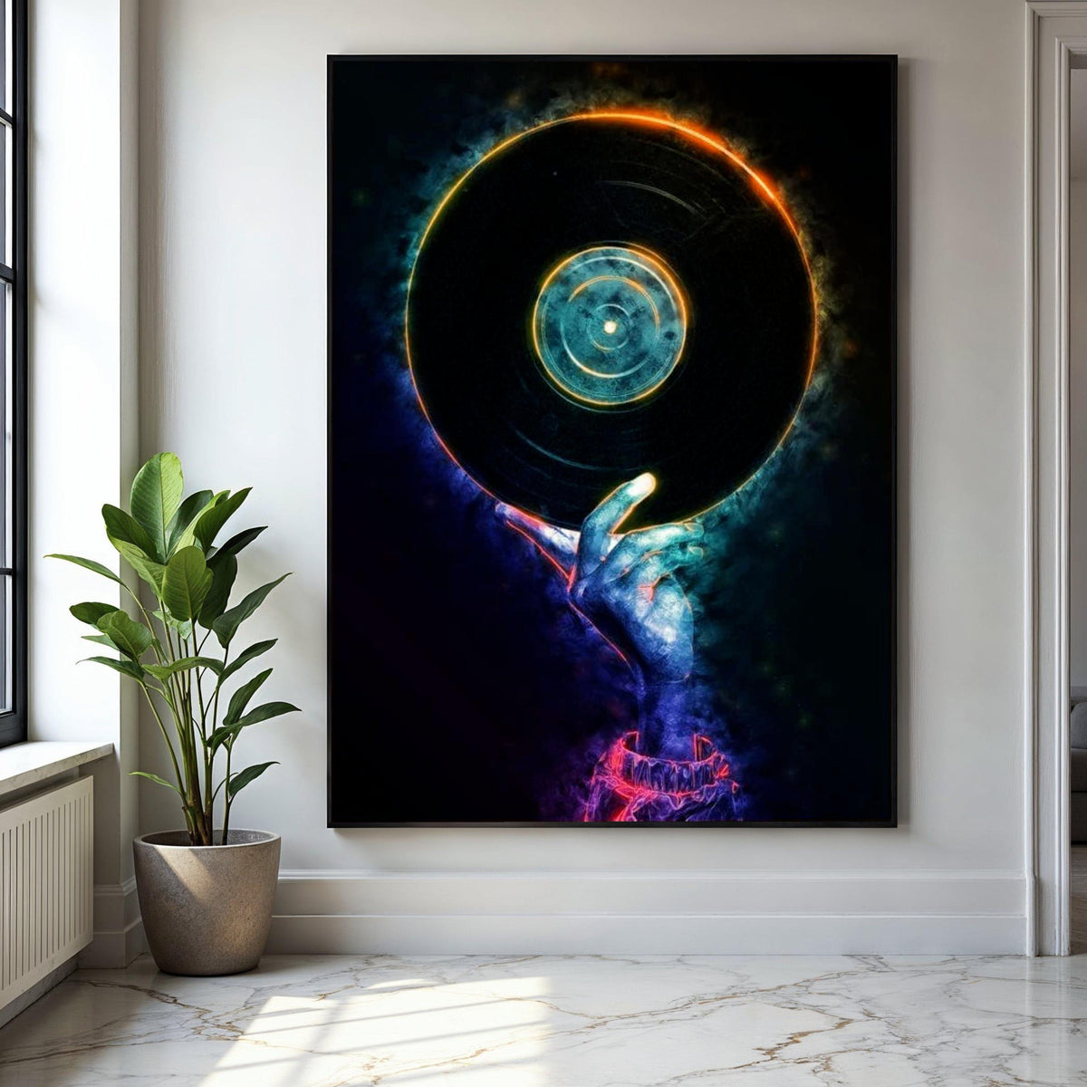 Neon DJ Hand Holding Vinyl Record Canvas, Music Party Wall Art, Retro Vinyl Decor, Modern DJ Artwork, Nightclub Gift Art, Home Decor, Print