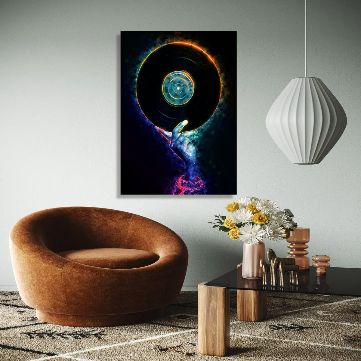 Neon DJ Hand Holding Vinyl Record Canvas, Music Party Wall Art, Retro Vinyl Decor, Modern DJ Artwork, Nightclub Gift Art, Home Decor, Print