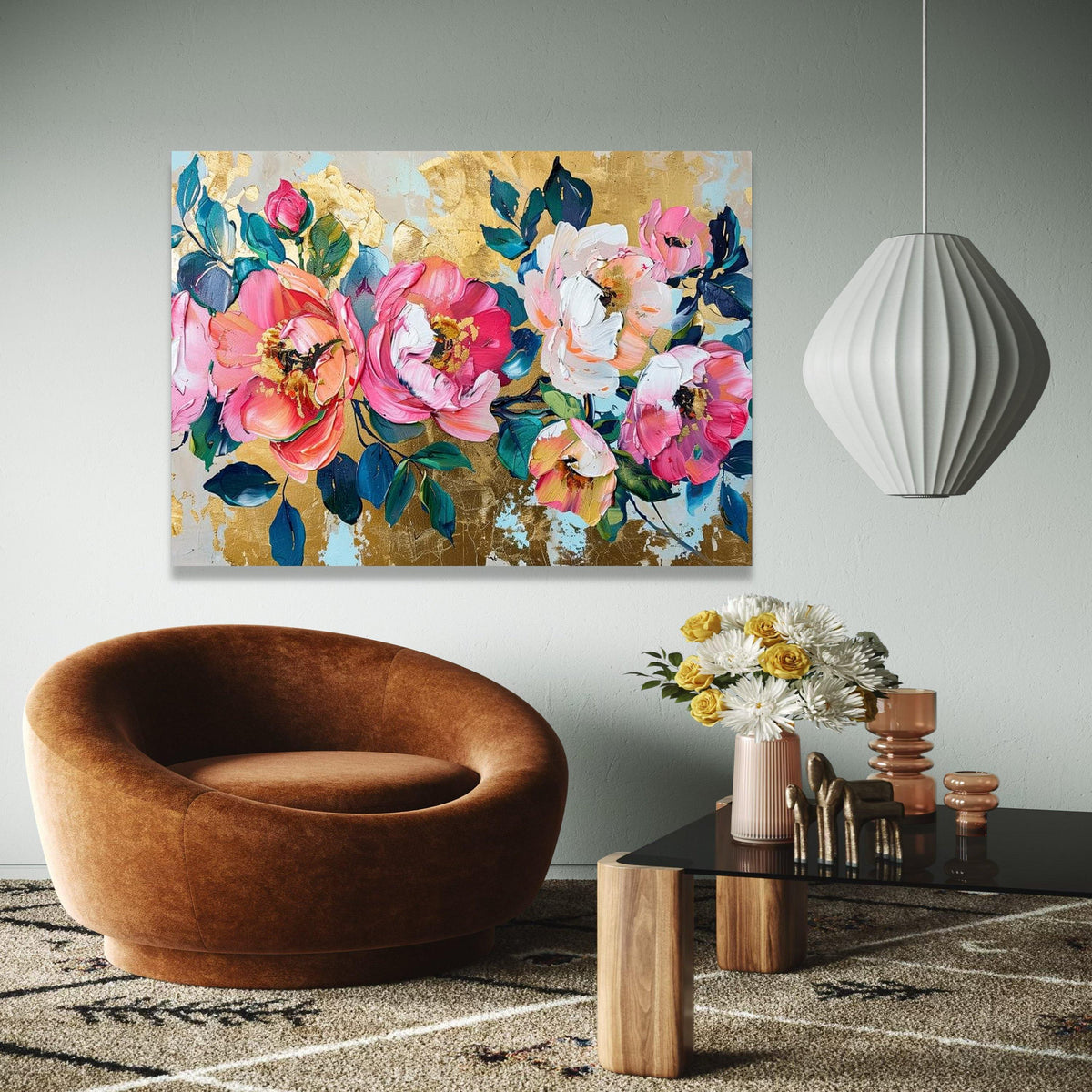 Vibrant Pink Peonies Canvas, Floral Wall Art, Abstract Garden Flowers Painting, Gold Leaf Background, Home Decor Gift Art, Home Decor, Print