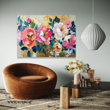 Vibrant Pink Peonies Canvas, Floral Wall Art, Abstract Garden Flowers Painting, Gold Leaf Background, Home Decor Gift Art, Home Decor, Print