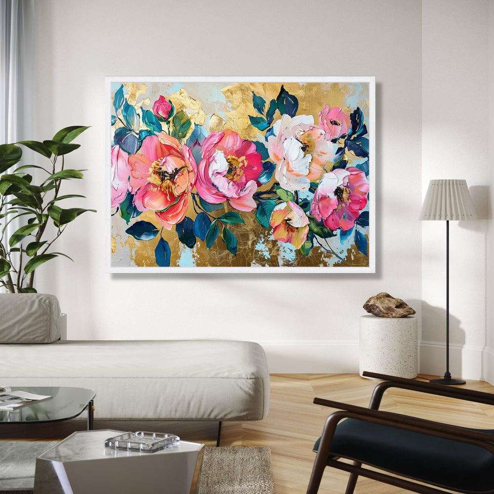 Vibrant Pink Peonies Canvas, Floral Wall Art, Abstract Garden Flowers Painting, Gold Leaf Background, Home Decor Gift Art, Home Decor, Print
