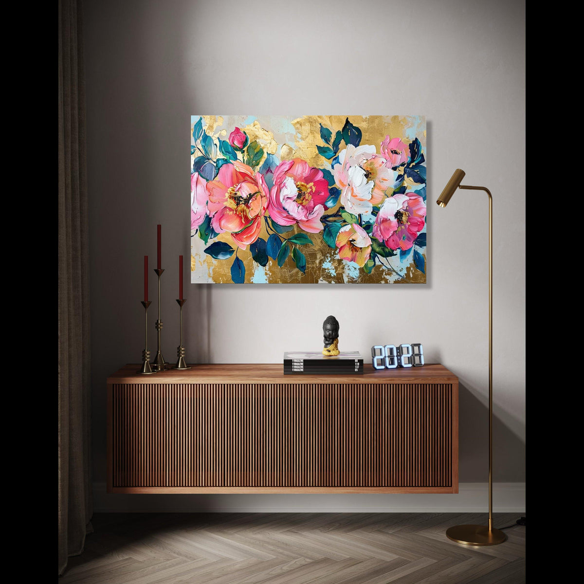Vibrant Pink Peonies Canvas, Floral Wall Art, Abstract Garden Flowers Painting, Gold Leaf Background, Home Decor Gift Art, Home Decor, Print