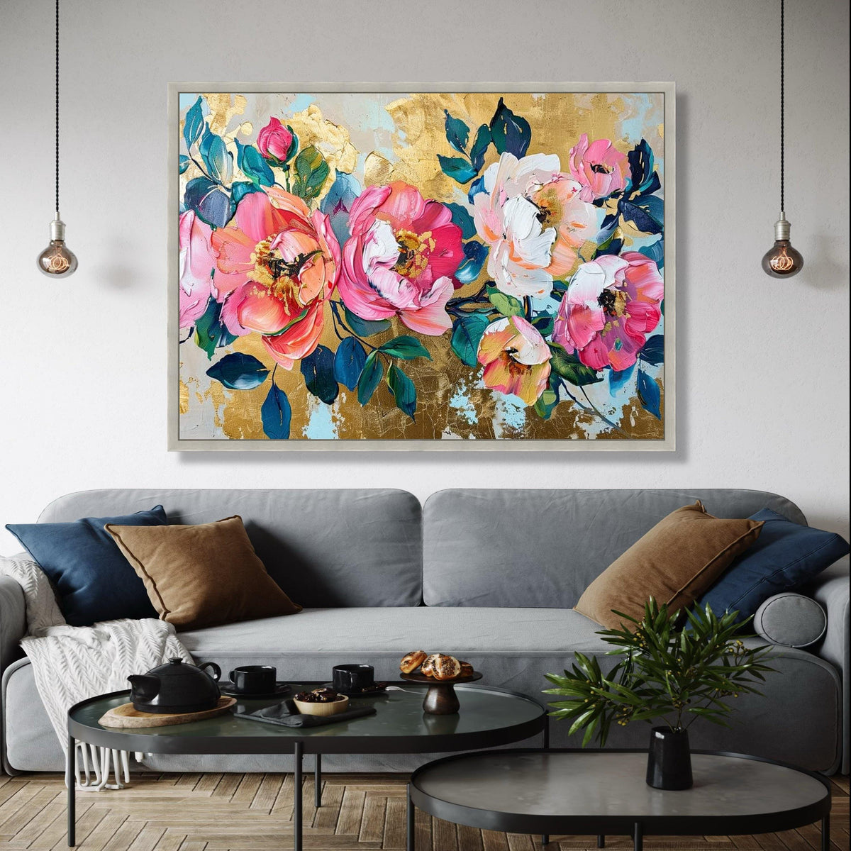 Vibrant Pink Peonies Canvas, Floral Wall Art, Abstract Garden Flowers Painting, Gold Leaf Background, Home Decor Gift Art, Home Decor, Print