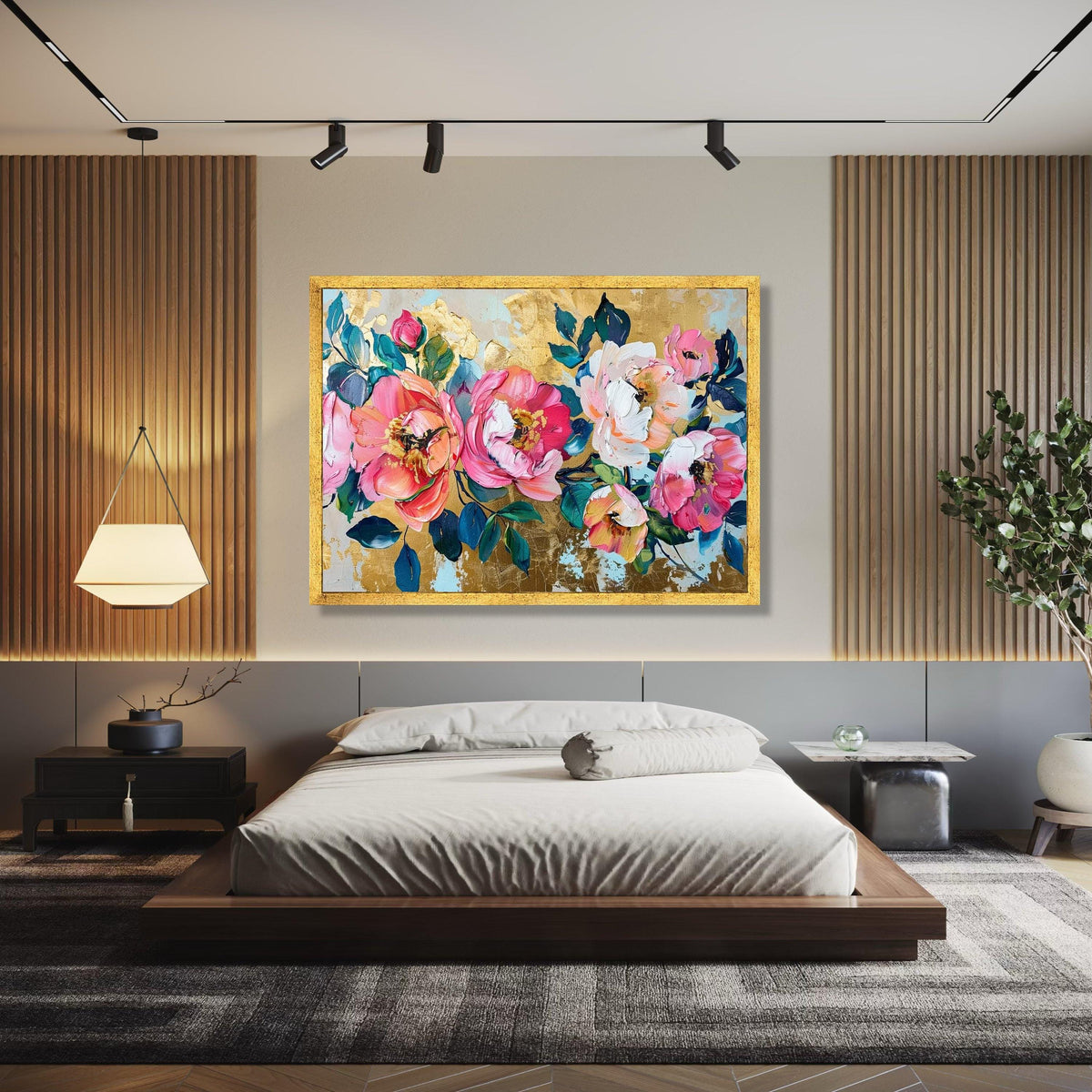 Vibrant Pink Peonies Canvas, Floral Wall Art, Abstract Garden Flowers Painting, Gold Leaf Background, Home Decor Gift Art, Home Decor, Print
