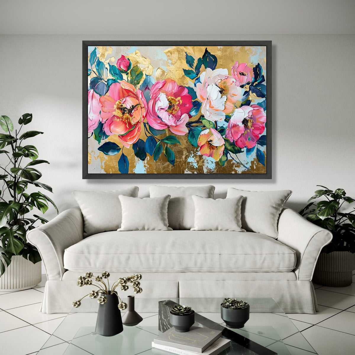 Vibrant Pink Peonies Canvas, Floral Wall Art, Abstract Garden Flowers Painting, Gold Leaf Background, Home Decor Gift Art, Home Decor, Print
