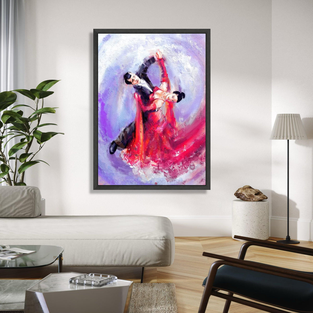 Elegant Ballroom Dance Couple Canvas, Abstract Romantic Wall Art, Red Dress Movement Painting, Vibrant Home Gift Art, Home Decor, Print