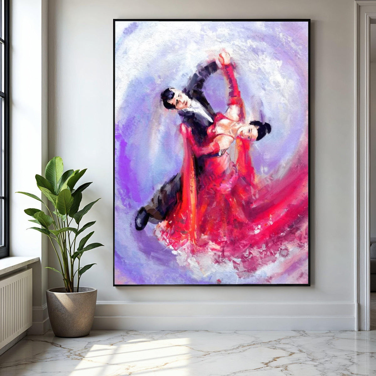Elegant Ballroom Dance Couple Canvas, Abstract Romantic Wall Art, Red Dress Movement Painting, Vibrant Home Gift Art, Home Decor, Print
