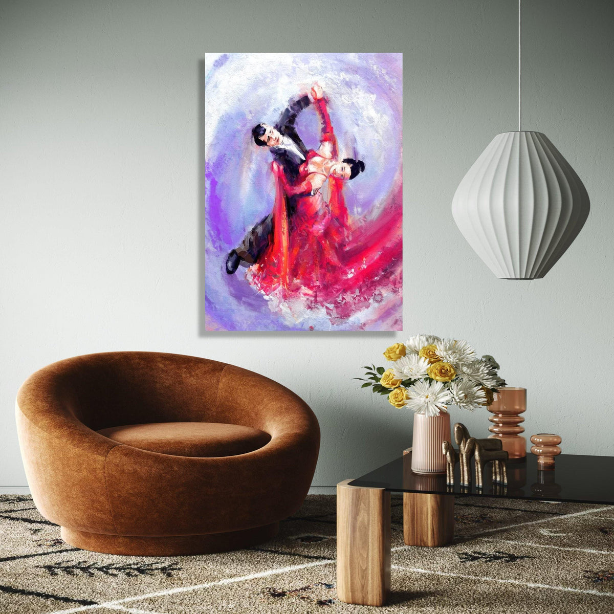 Elegant Ballroom Dance Couple Canvas, Abstract Romantic Wall Art, Red Dress Movement Painting, Vibrant Home Gift Art, Home Decor, Print