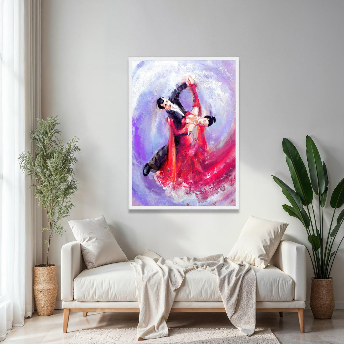 Elegant Ballroom Dance Couple Canvas, Abstract Romantic Wall Art, Red Dress Movement Painting, Vibrant Home Gift Art, Home Decor, Print