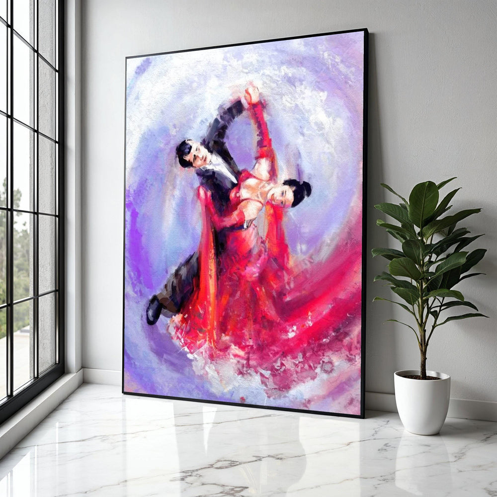 Elegant Ballroom Dance Couple Canvas, Abstract Romantic Wall Art, Red Dress Movement Painting, Vibrant Home Gift Art, Home Decor, Print